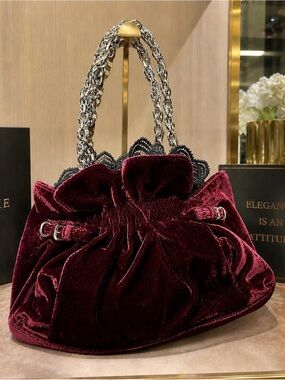 White House Black Market Red Velvet Satchel Bag W/ Black Lace & Silver Hardware